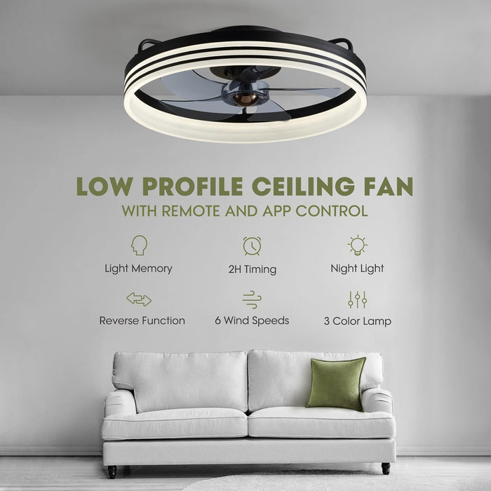 Ceiling Fans with Lights, Flush Mount Ceiling Fan with Lights and Remote, 6 Wind Speeds Smart Low Profile Ceiling Fan for Bedroom, Kids Room and Living Room 20" (Black)