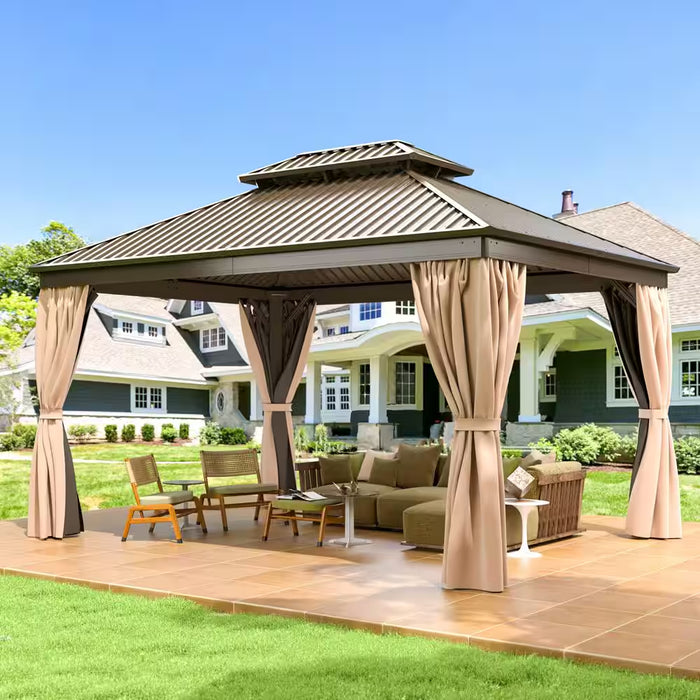 10 Ft. X 12 Ft. Hardtop Gazebo with Aluminum Frame, Galvanized Steel Double Roof Gazebo with Nettings and Curtains