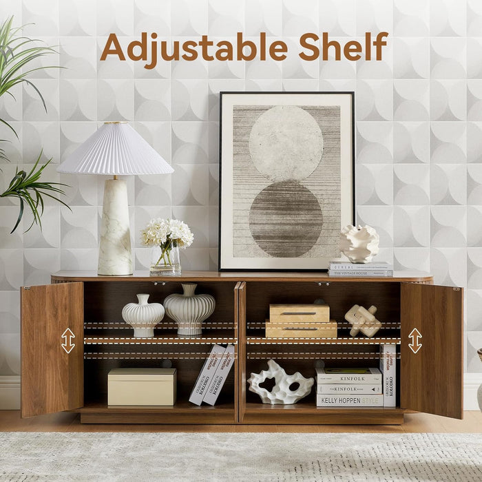 64" Buffet Sideboard Cabinet with Storage, Modern Fluted Accent Credenza with Adjustable Shelves, Wood Coffee Bar Console Table for Living Room Kitchen Dining Room Hallway, Walnut