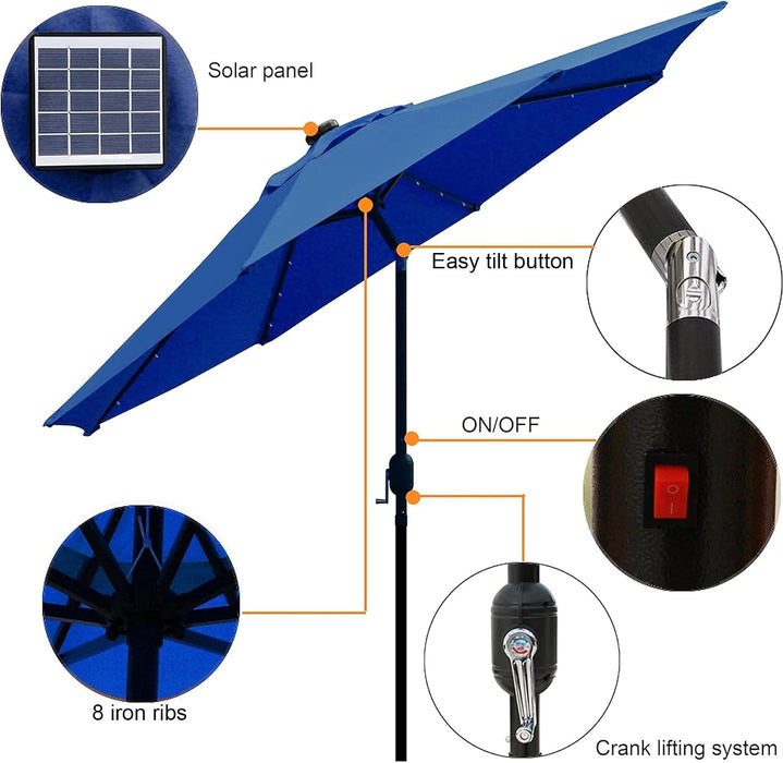 9 Ft Solar Umbrella 32 LED Lighted Patio Umbrella Table Market Umbrella with Tilt and Crank Outdoor Umbrella for Garden, Deck, Backyard, Pool and Beach (Navy Blue)
