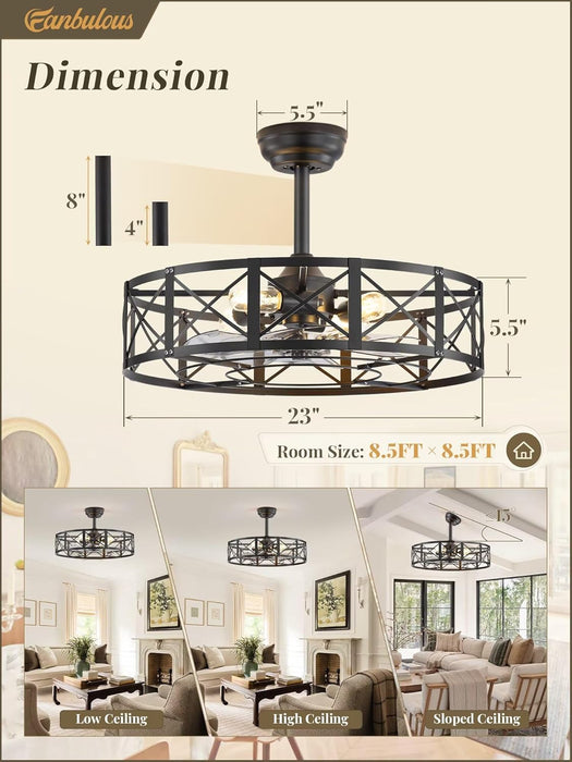 23 Inch Fandelier Caged Ceiling Fans with Lights and Remote, Black Bladeless Ceiling Fan with 6 Speeds and Timing, Farmhouse Samll Fan Lights Ceiling Fixtures for Kitchen, Bedroom-Black