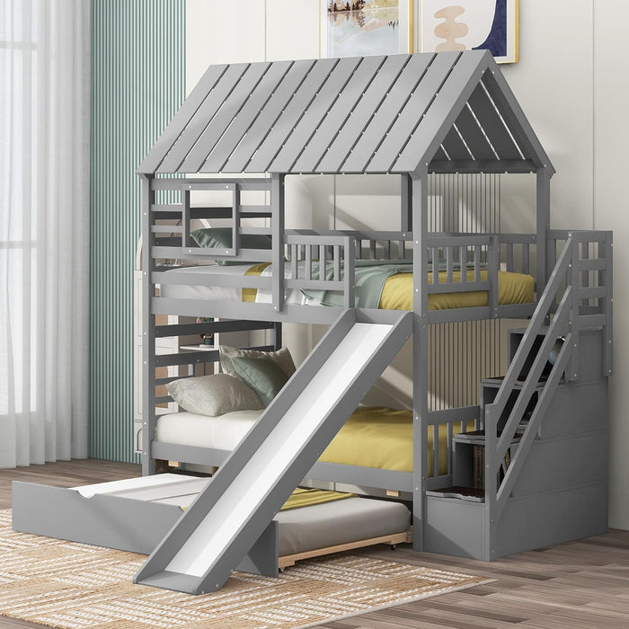 Kids Twin over Twin Bunk Beds with Slide and Trundle, Solid Wood Bunk Bed Frame with Stairs and Storage, Playhouse Bunk Bed with Roof and Window for Kids, Teens, Girls & Boys (Gray)