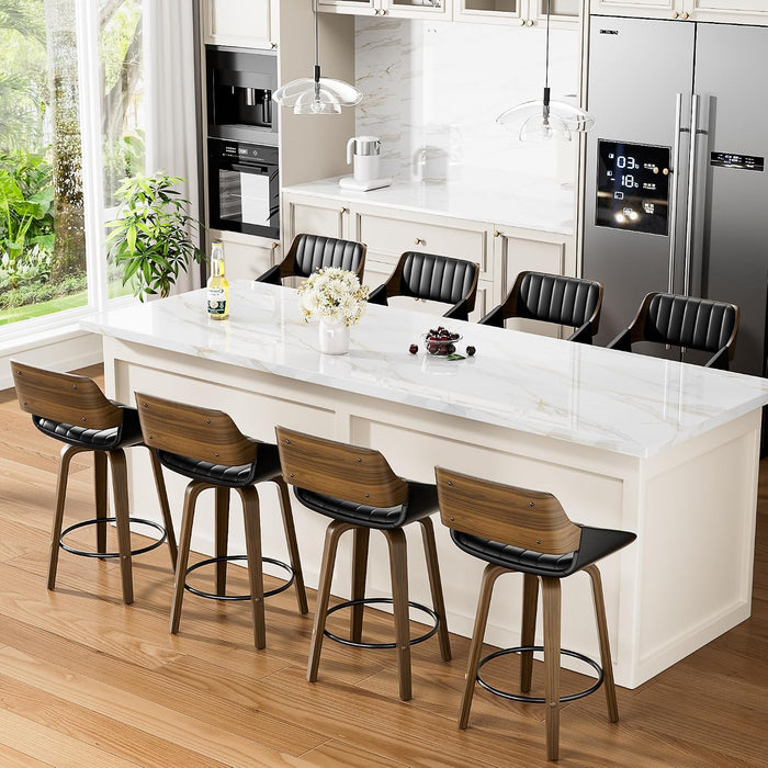 Bar Stools Set of 2, 26" Bentwood Counter Height Barstools, Black | Swivel, Mid Century Modern, Bentwood Back and Footrest, Padded Seat, Upholstered Faux Leather Bar Chair, for Kitchen Island