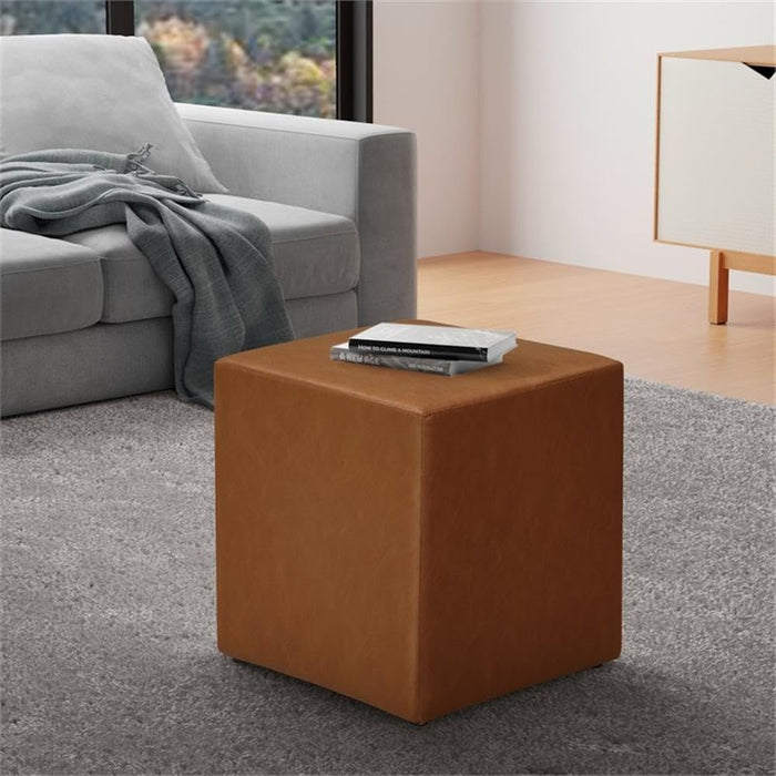 18” Warren Ottoman Square Faux Leather Bench, Stationary Ottomans, Backless Chair, Footrest for Living Room, Footstool Office, Bedroom, Padded Seat, Caramel Brown