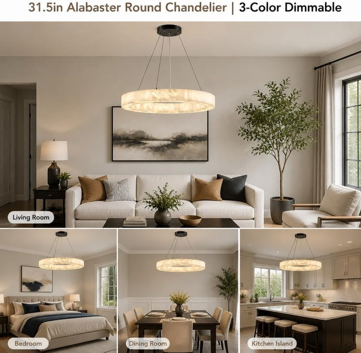 Alabaster round Chandelier, 31.5In Spanish Natural Marble Pendant Light, Dimmable 3-Color Modern Marble Chandelier for Dining Room, Living Room, Bedroom, Bathroom & Foyer