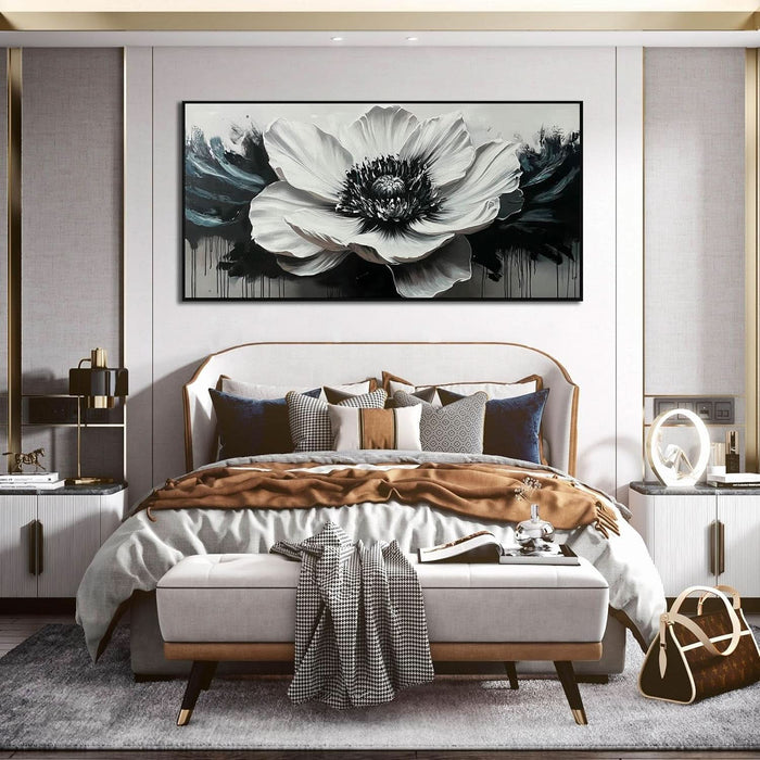 Flower Canvas Art Wall Decor for Living Room - Black and White Hand Painted Painting for Bedroom - Large Picture Frames for Wall Size 29" X 59"