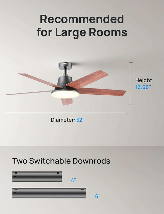 Ceiling Fans with Lights, 52 Inch, 6 Speeds, 5 Color Tones Dimmable LED, Quiet Reversible DC Motor, Remote, 8H Timer, Black Ceiling Fan for Bedroom, Living Room, Easy to Install