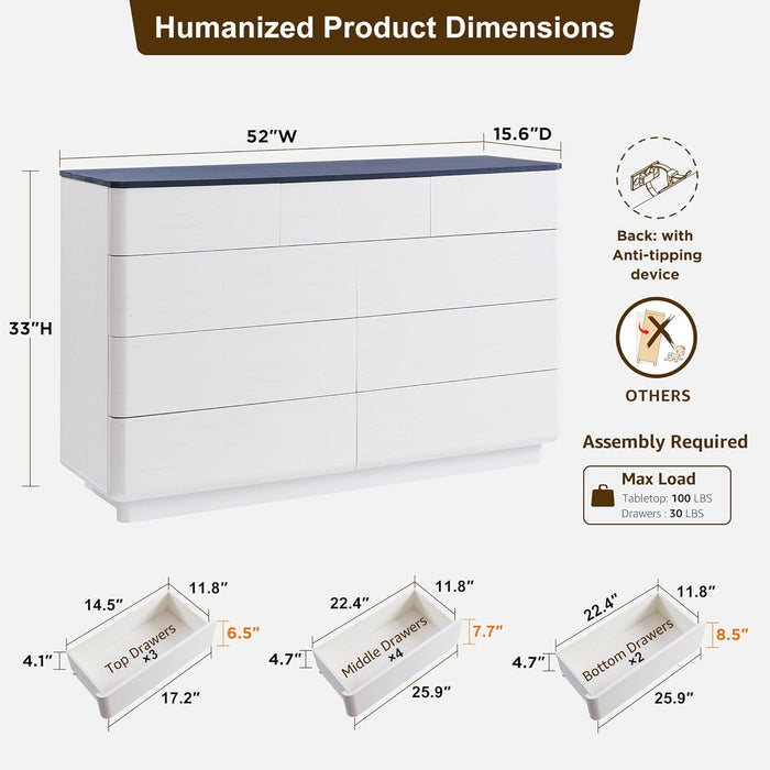 Modern 9 Drawer Dresser for Bedroom, 52" Wide Wooden Dressers with Large Storage,Handleless Chest of Drawers TV Stand for Living Room & Hallway, Curved Profile Design, White