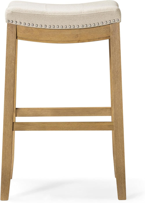 31" Sophia Backless Bar Stool - Handcrafted Plush Upholstered Saddle Seat with Six-Panel Stitching & Nailhead Trim - Space Saving Wood Barstool in Aged Natural Finish W/Light Beige Fabric