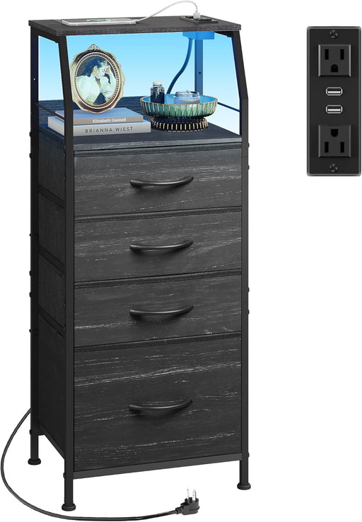 Black Nightstand With Integrated Charging Station LED
