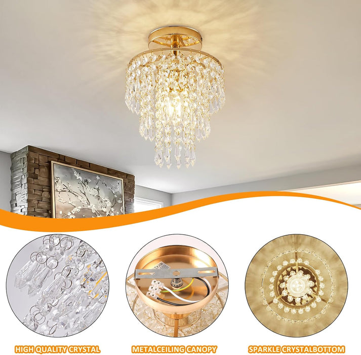 Modern Mini Crystal Chandelier, 3-Tier Raindrops Design Small Chandelier Light Fixture, Flush Mount Ceiling Light Fixture for Bedroom, Hallway, Living Room - E26 Base, Chandelier for Bedroom (Gold)