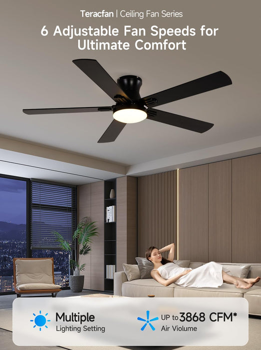 52 Inch Black Ceiling Fans with Lights, RGB Ceiling Fan with Remote and App,Flush Mount Low Profile, Dimmable 35W LED, Reversible, Smart Ceiling Fan for Bedroom Nursery Living Room Apartment