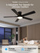 52 Inch Black Ceiling Fans with Lights, RGB Ceiling Fan with Remote and App,Flush Mount Low Profile, Dimmable 35W LED, Reversible, Smart Ceiling Fan for Bedroom Nursery Living Room Apartment