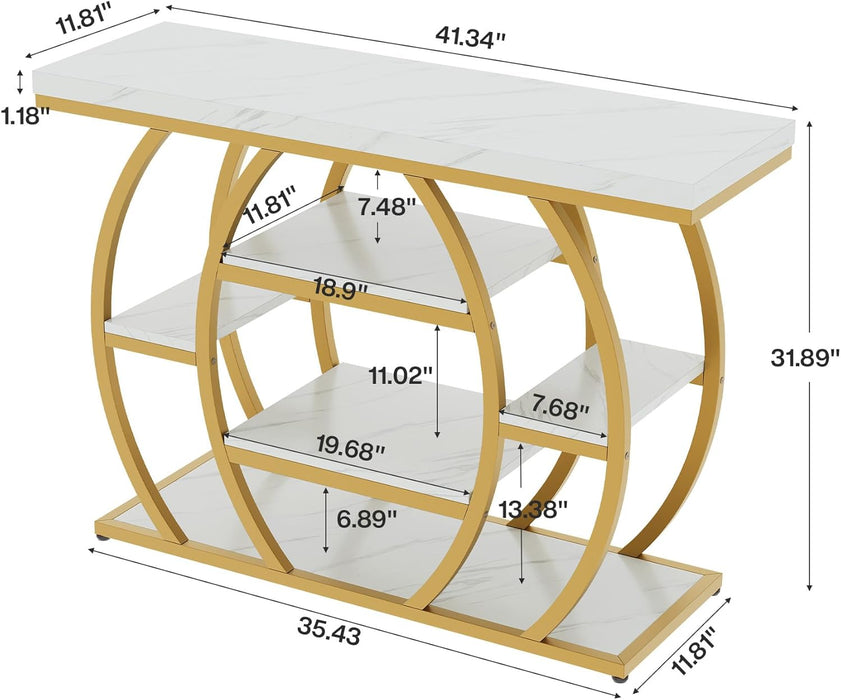 Modern Console Table, 41.3" Narrow Entryway Table with Storage Shelves & Faux Marble Top, 5-Tier Sofa Tables behind Couch with Arched Metal Frame for Living Room, Hallway (Gold & White)