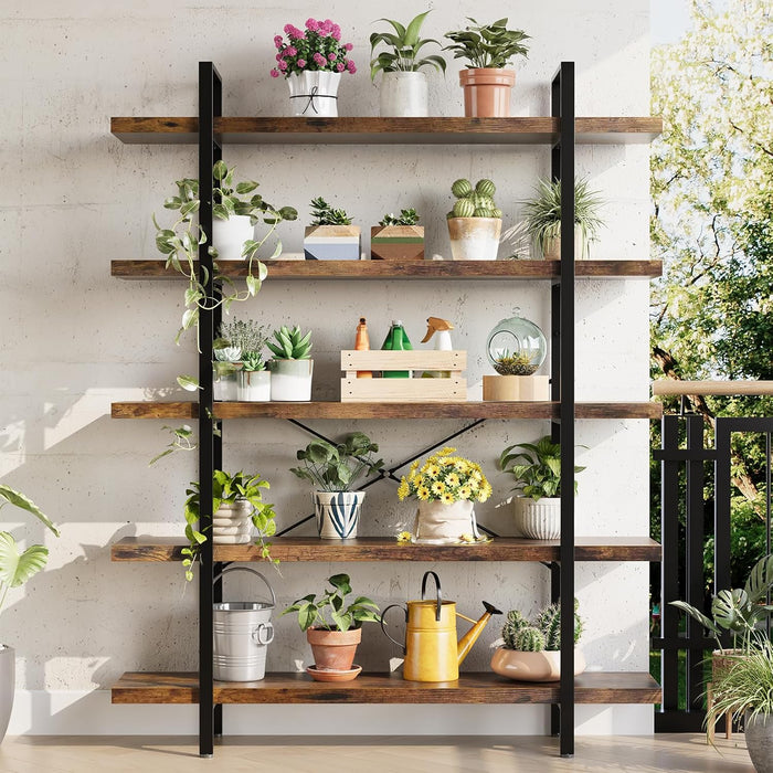 Heavy Duty 5 Tier Industrial Bookcase for Home Office, Rustic Brown | 47" Wide Wood Bookshelf,120 Lbs Shelf Capacity, Rustic Open Shelving Display,3Cm Upgraded Thicken Board,Easy to Assemble