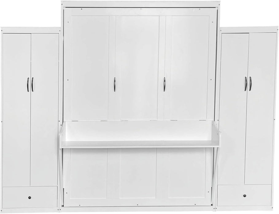 Queen Size Murphy Bed with Desk & One Slide Storage Shelf & 68-Inch Wall Bedframe Folding into Cabinet Design,For Small Space,Bedroom,Guest Room, White