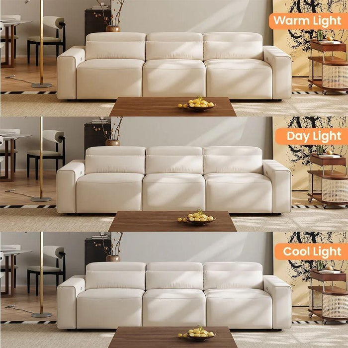 108" Power Recliner Couch, Leather Power Reclining Sofa with Electric Backrest and Footrest, Modular Sectional Sofa for Living Room, Electric Recliner with Wide Seating, Beige