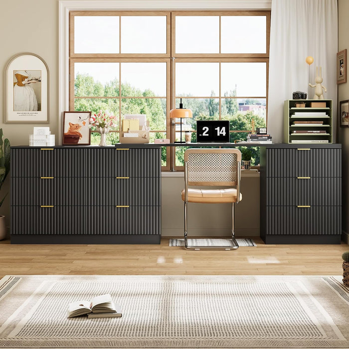 L-Shaped Rotatable 9 Drawer Dresser for Bedroom, 71" Wide Deformable Black Dresser with Gold Metal Handles, Modern Fluted Chest of Drawers for Bedroom, Living Room, Entryway, Hallway