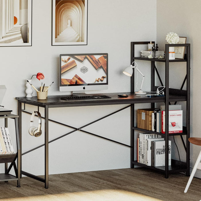 Computer Desk 55" with Power Outlet and Storage Shelves, Study Writing Table with USB Ports Charging Station, PC Desk Workstation for Home Office, Black