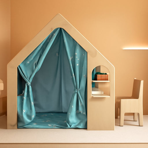 Flair - 5 in 1 Indoor Playhouse with Desk Table, Chair, Chalkboard, Floor Cushion and Curtain Shades - Montessori and Waldorf Style for Ages 1 to 8 Years Old - (Large, Colorful Balloons)