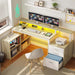 L Shaped Desk with Drawers, 65" Computer Desk with Power Outlets & LED Lights, Corner Home Office Desk with Storage Shelves & Printer Stand, White & Oak