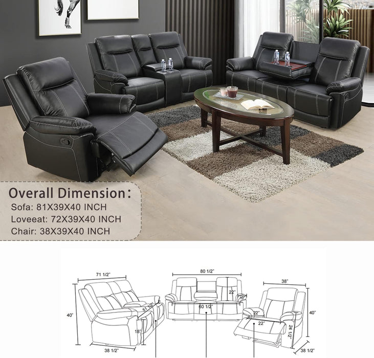 Manual Recliner Sofa Set, Bonded Leather Sofa with Recliners, Reclining Couch Set with Storage Console and Cup-Holders for Living Room/House/Bedroom/Office/Apartment (Black / 3 Pieces Set)