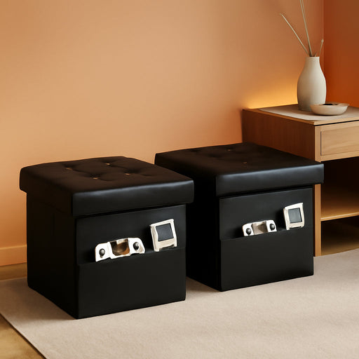 ® Folding Storage Ottoman Square Cube Foot Rest Footstool with Side Pocket,Leather Ottoman Seat for Living Room or Bedroom,Padded with Thick Sponge (Black 2PC, 16 * 12 * 12 Inches)