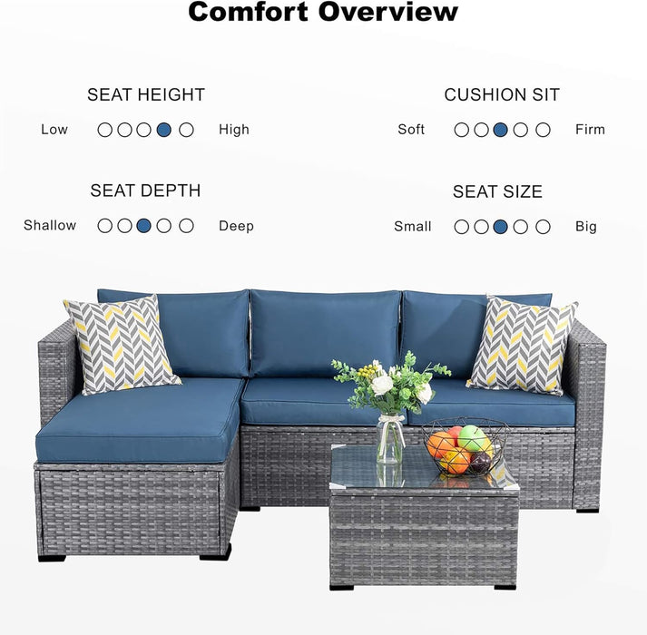 Patio Furniture Sets 3 Pieces Outdoor Sectional Sofa Silver All-Weather Rattan Wicker Sofa Small Patio Conversation Couch with Washable Cushion and Glass Table(Aegean Blue)