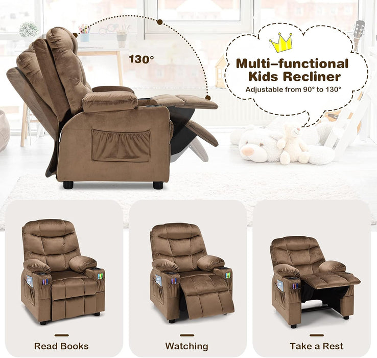 Kids Recliner Chair with Cup Holder, Adjustable Velvet Lounge Chair W/Footrest & Side Pockets for Children Boys Girls Room, Ergonomic Toddler Furniture Sofa, Kids Recliner (Brown)