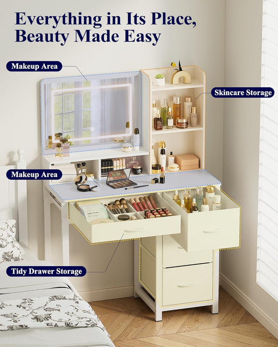 White Vanity Table With Illuminated Mirror Drawers