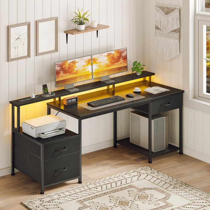 55" Computer Desk with File Drawer, Printer Space, Dark Black