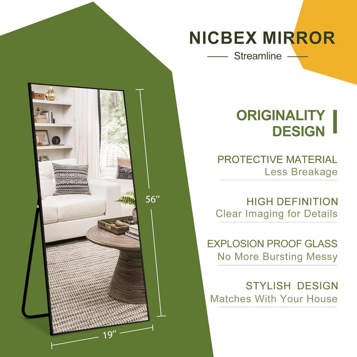 Full Length Mirror with Stand, 56"X19" Aluminum Alloy Frame Floor Mirror, Black, Shatter-Proof Glass - Free Standing, Leaning against Wall or Wall-Mounted, for Bedroom Living Room Dressing Room
