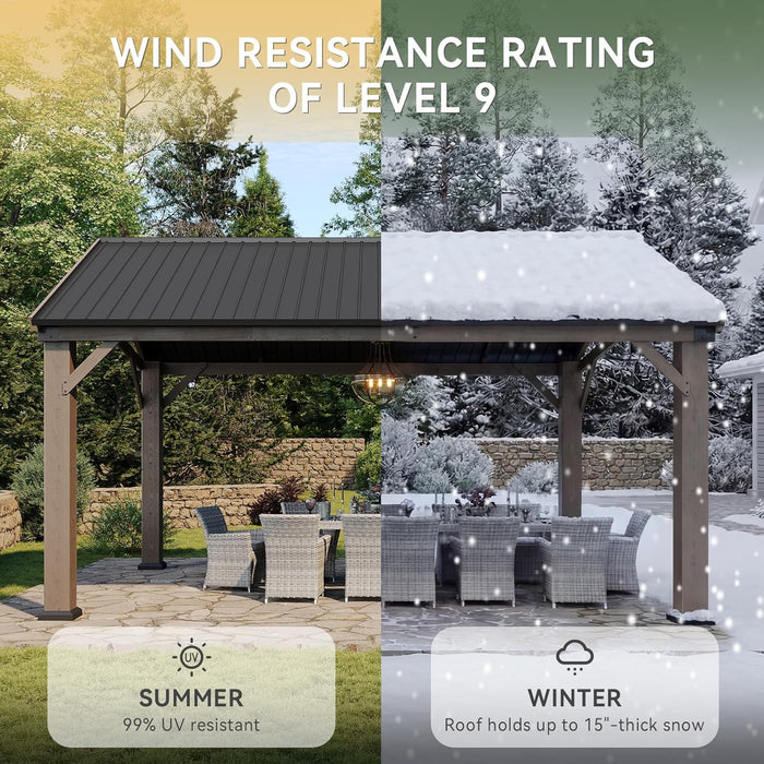12' X 16' Outdoor Wood Gazebo, Permanent Cedar Wooden Pavilion with Galvanized Steel Hardtop Gable Roof, Heavy Duty Patio Gazebo for Garden, Backyard, Deck, Lawn and Outdoor Living Space