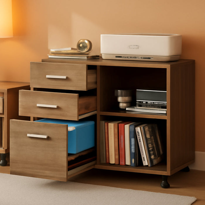 3 Drawer Mobile File Cabinet, Wood Lateral Filing Cabinet, Printer Stand with Open Shelves for Home Office, Gray Oak