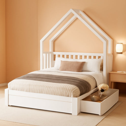 White Queen Size Platform Bed With BuiltInStorageSolution