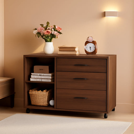 39-Inch Walnut Rolling File Cabinet With Compartments