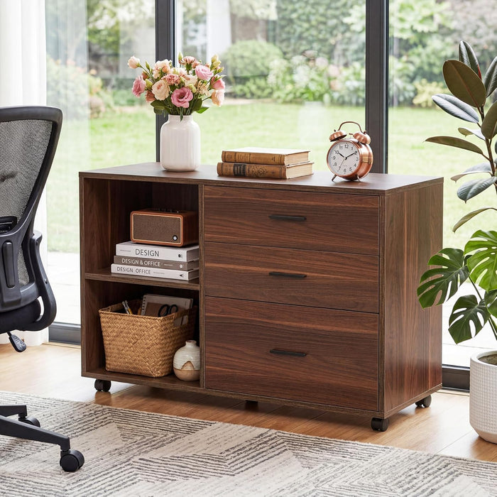 39-Inch Walnut Rolling File Cabinet With Compartments