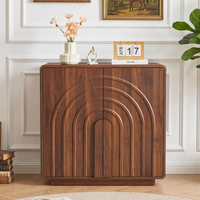 32" Sideboard Buffet Cabinet with Storage, Walnut Modern Cabinet with Arched Wood Door and Adjustable Shelf, Wooden Modular Kitchen Cabinet for Dining& Living Room, Entryway