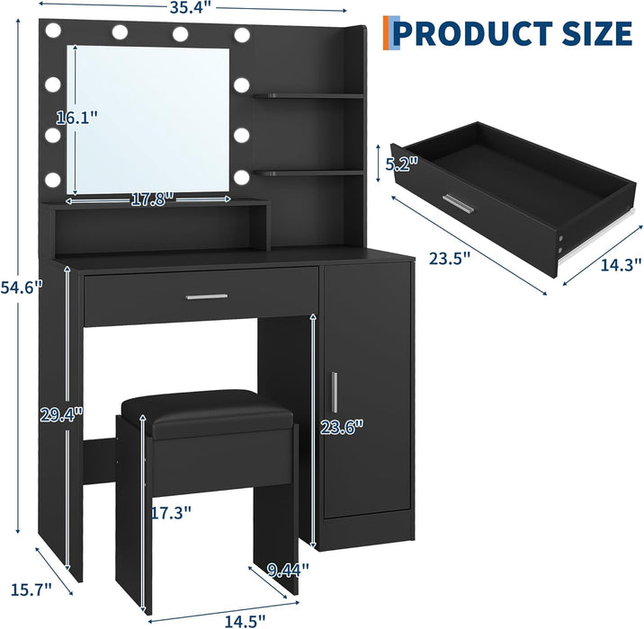 35.4-Inch Vanity with Mirror, Featuring Three-Level Adjustable Lighting, a Drawer Unit, Shelves, an Outlet, and a Stool. a Compact Vanity Suitable for Living Rooms and Apartments – Black