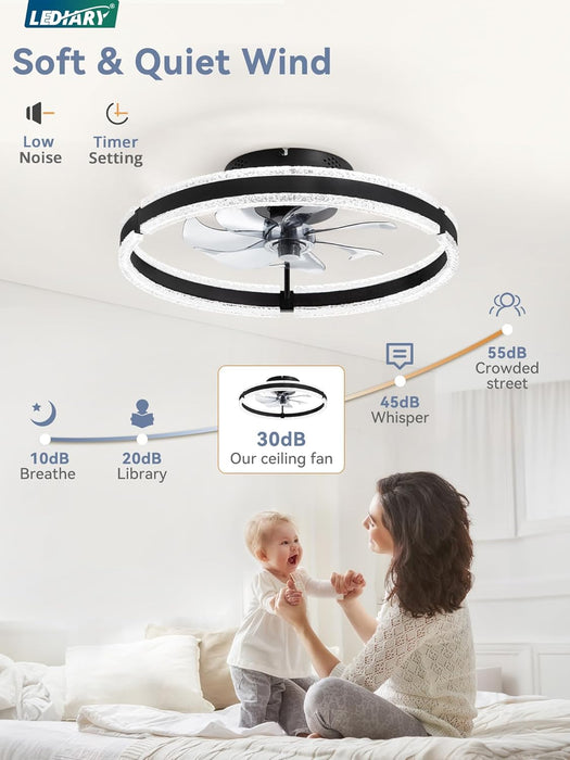 Ceiling Fans with Lights and Remote, 20'' Low Profile Ceiling Fan with Light, 3000-6000K Dimmable Fandelier Ceiling Fans, Modern Flush Mount Fan Light for Bedroom with 6 Wind Speeds- Black
