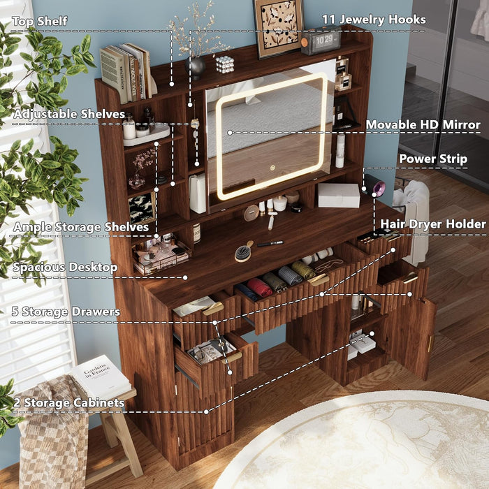 43.3" Fluted Vanity Desk with Mirror and Lights, Wood Makeup Vanity Desk with Charging Station & Mobile Mirror, Modern Dressing Table with Adjustable Shelves & Jewelry Hooks for Girls, Women, Walnut