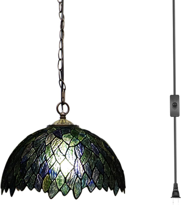 Stained Glass Style Plug in Hanging Lamp Multicolor Leaf 180 Inch