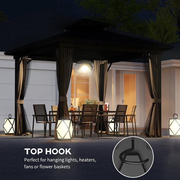 10' X 10' Hardtop Gazebo Canopy with Galvanized Steel Double Roof, Aluminum Frame, Permanent Pavilion Outdoor Gazebo with Netting and Curtains for Patio, Garden, Backyard, Dark Brown