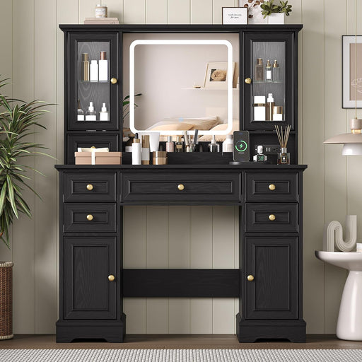 Makeup Vanity Desk with Mirror and Lights, Farmhouse Vanity Table Set with 6 Drawer&Charging Station, Makeup Desk with RGB Cabinets, Black Vanity with Lighted Mirror for Girls Women, 3 Light Modes