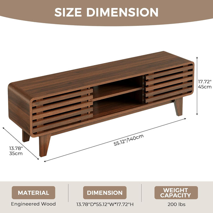 TV Stand for 60 Inch TV, Mid Century Modern Entertainment Center with Storage Boho Television Stand with Shelves and Grille Sliding Doors Wood Media Console for Living Room, Walnut