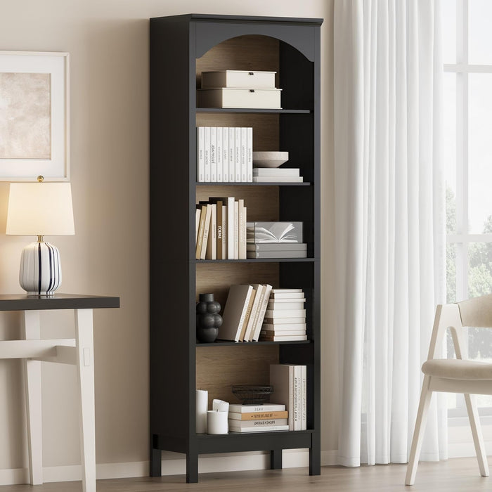 Arched Veneered FiveTier Bookcase 71Inch Tall Ebony