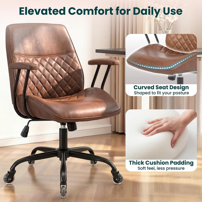 Leather Office Desk Chair with Rubber Casters for Home (Brown)