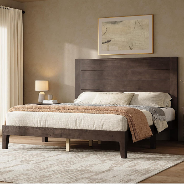 Queen Size Solid Wood Bed Frame with 48" Headboard Design, Walnut