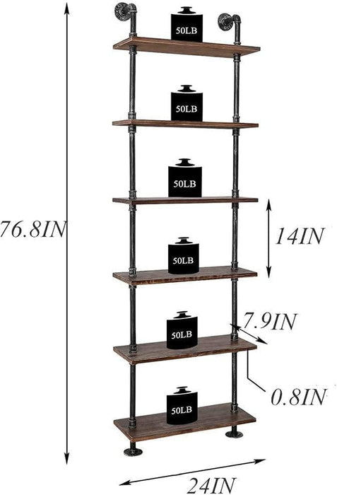 Industrial Pipe Bookshelves Rustic Wall Ladder Bookshelf Display Storage Stand Shelf Bookcase for Living Room, Kitchen, Office (6 Tier)