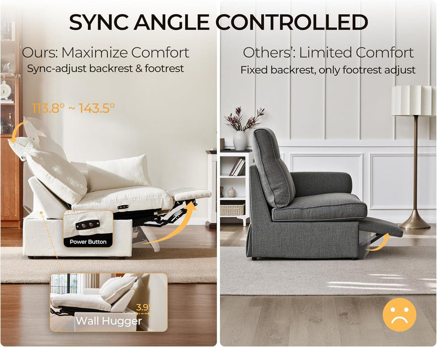 102.8'' Loveseat Power Recliner Sofa with Headrest, Oversized Cloud Modular Sectional Couch with Table, Drawer, Charging, 3-Seater with Storage Ottoman for RV Home Theater, Chenille, White